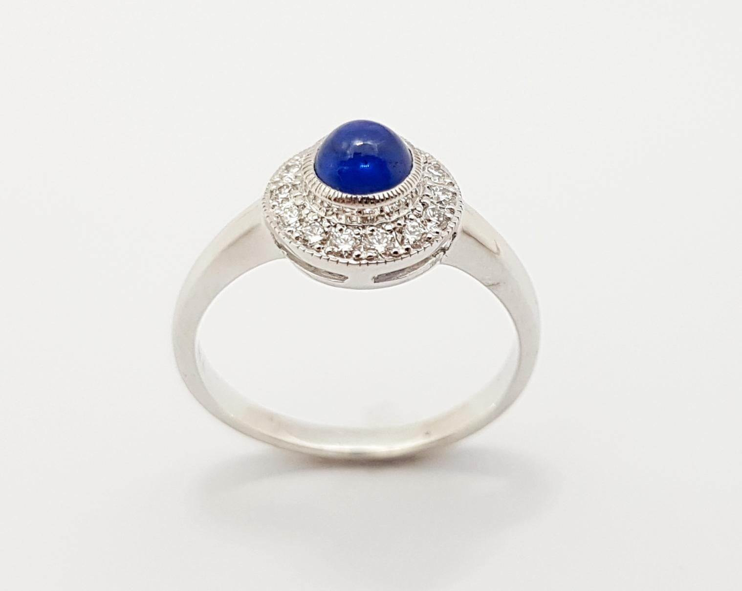 Cabochon Blue Sapphire with Diamond Ring Set in 18 Karat White Gold Settings For Sale 9