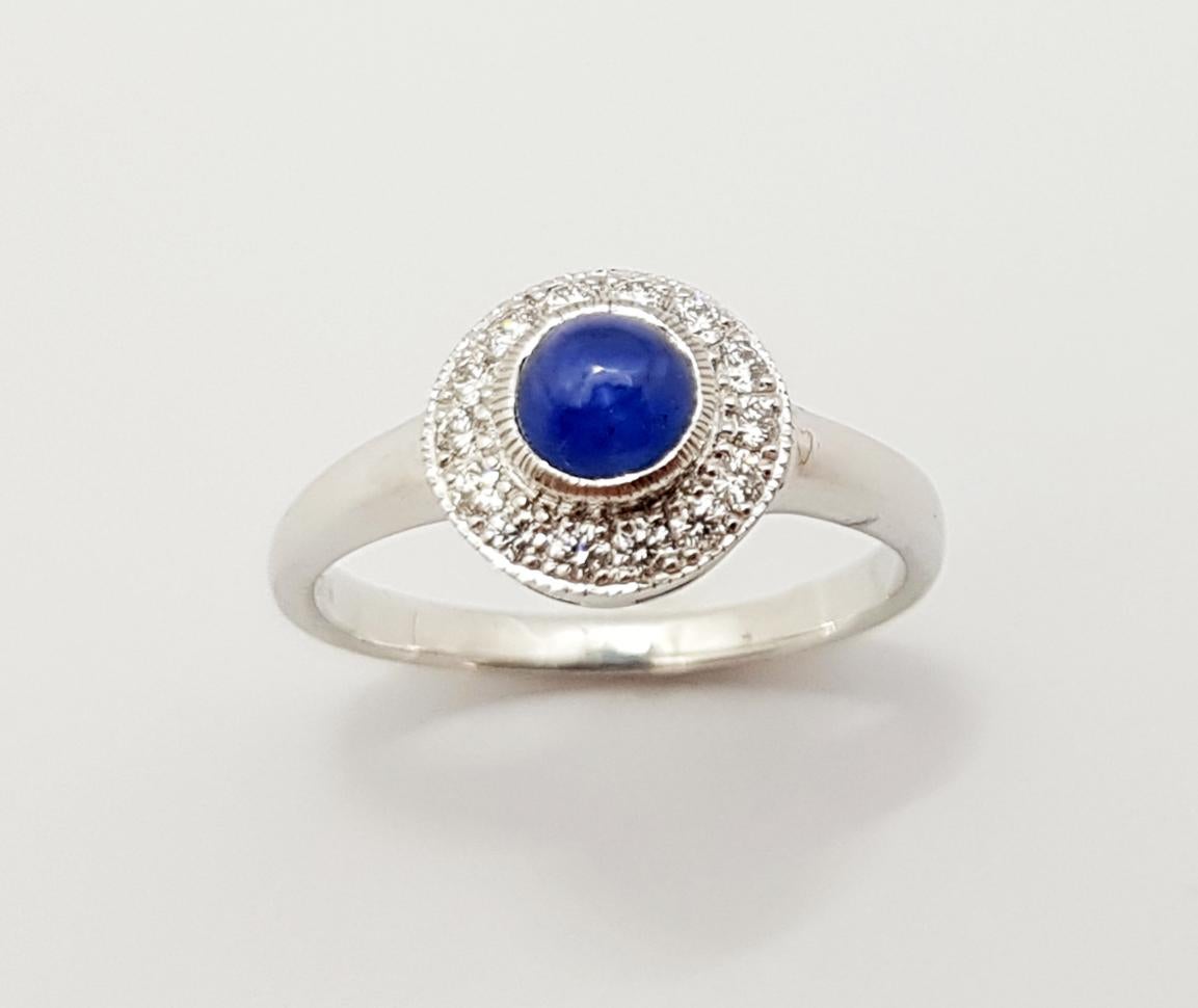 Cabochon Blue Sapphire with Diamond Ring Set in 18 Karat White Gold Settings For Sale 10