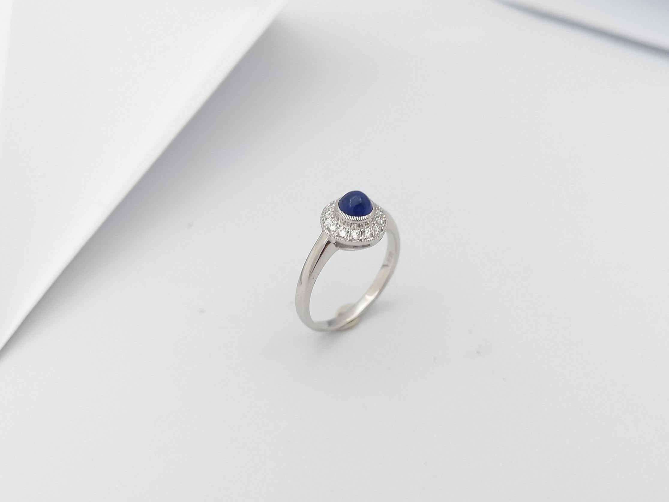 Cabochon Blue Sapphire with Diamond Ring Set in 18 Karat White Gold Settings For Sale 11