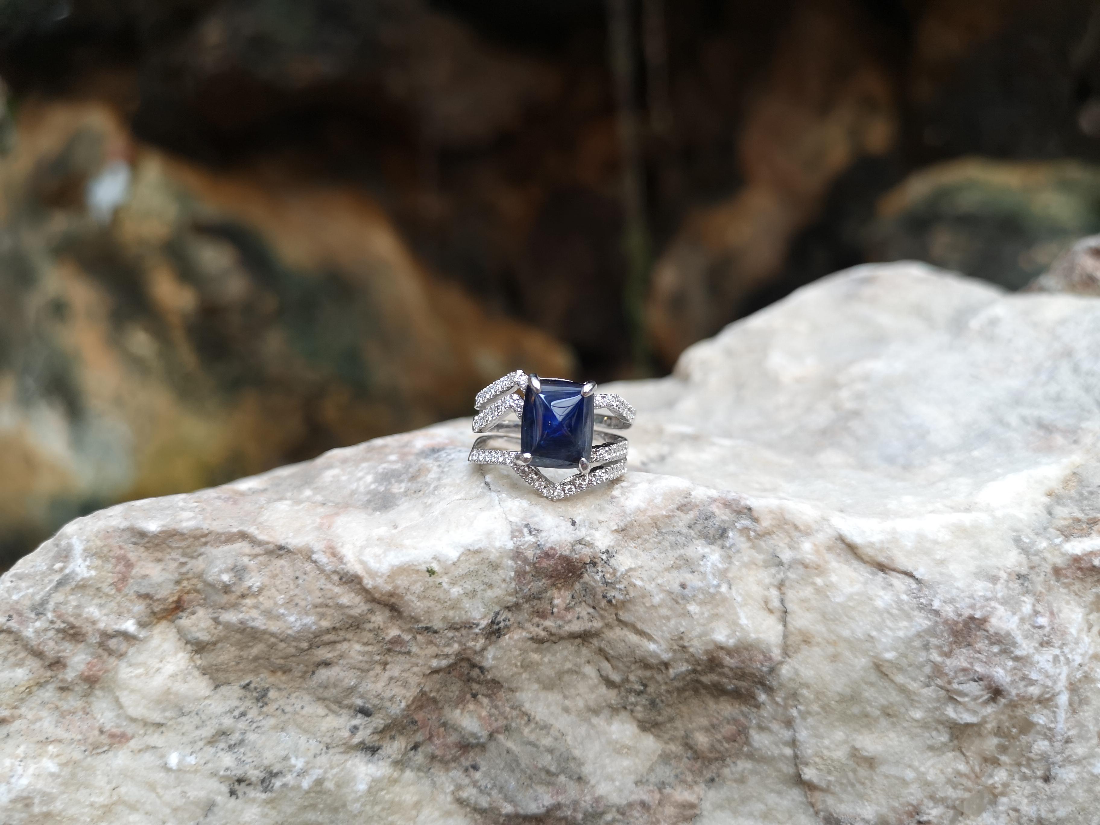 Sugarloaf Cabochon Unheated Blue Sapphire and Diamond Kavant & Sharart Ring in 18K White Gold  For Sale