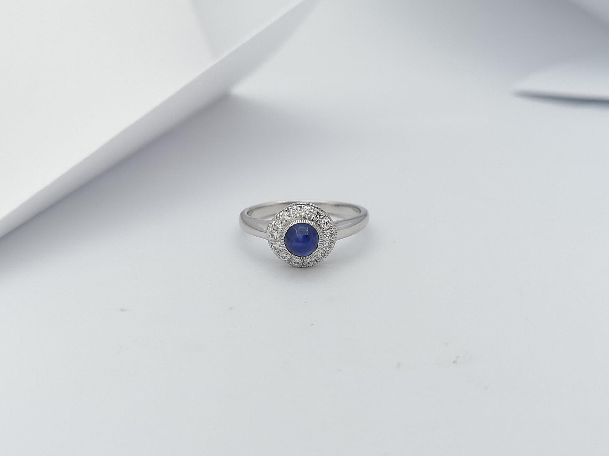 Cabochon Blue Sapphire with Diamond Ring Set in 18 Karat White Gold Settings For Sale 4