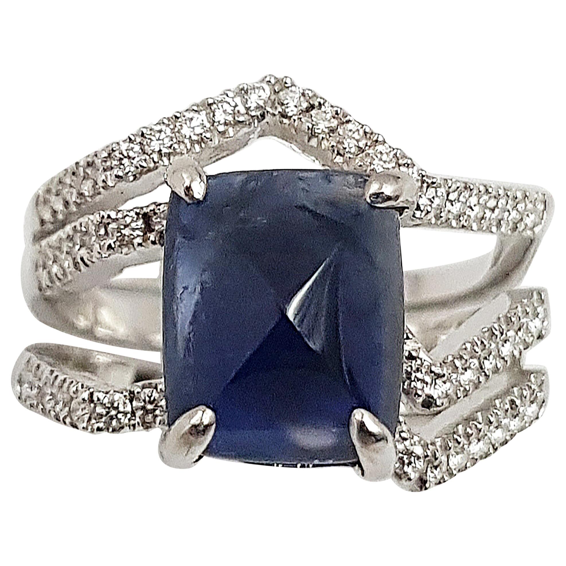 Unheated Blue Sapphire and Diamond Kavant & Sharart Ring in 18K White Gold 