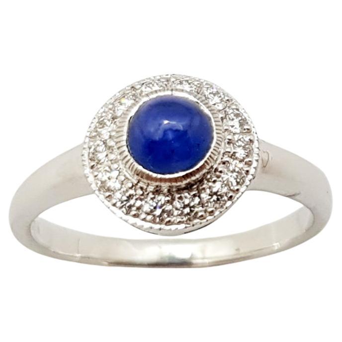 Cabochon Blue Sapphire with Diamond Ring Set in 18 Karat White Gold Settings For Sale