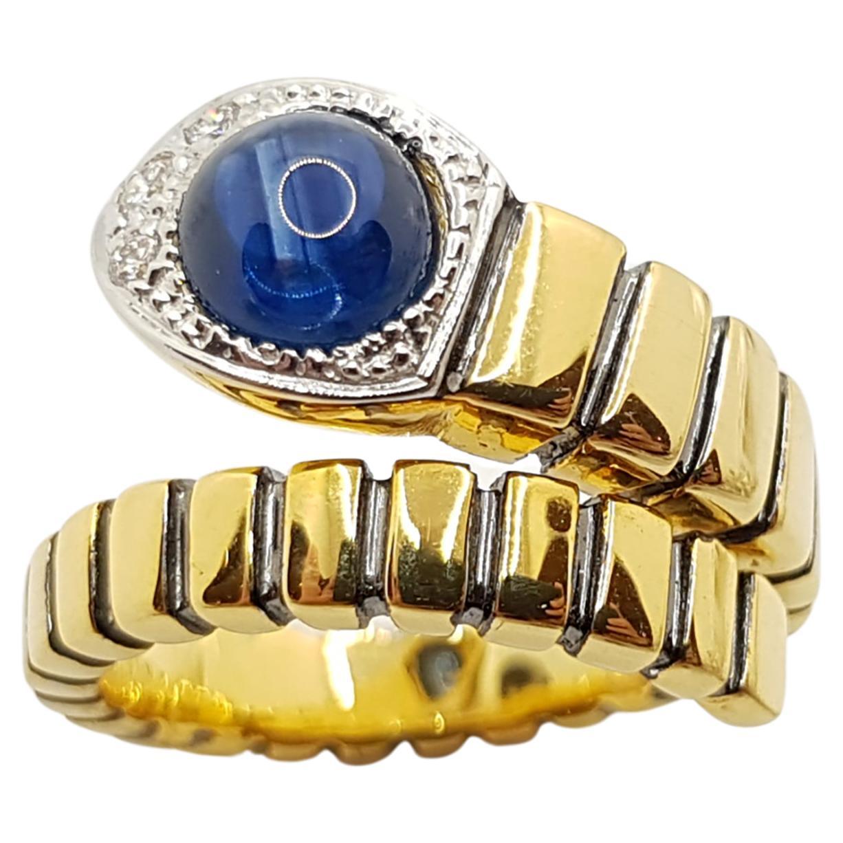 Cabochon Blue Sapphire with Diamond Serpent Ring Set in 18 Karat Gold Settings