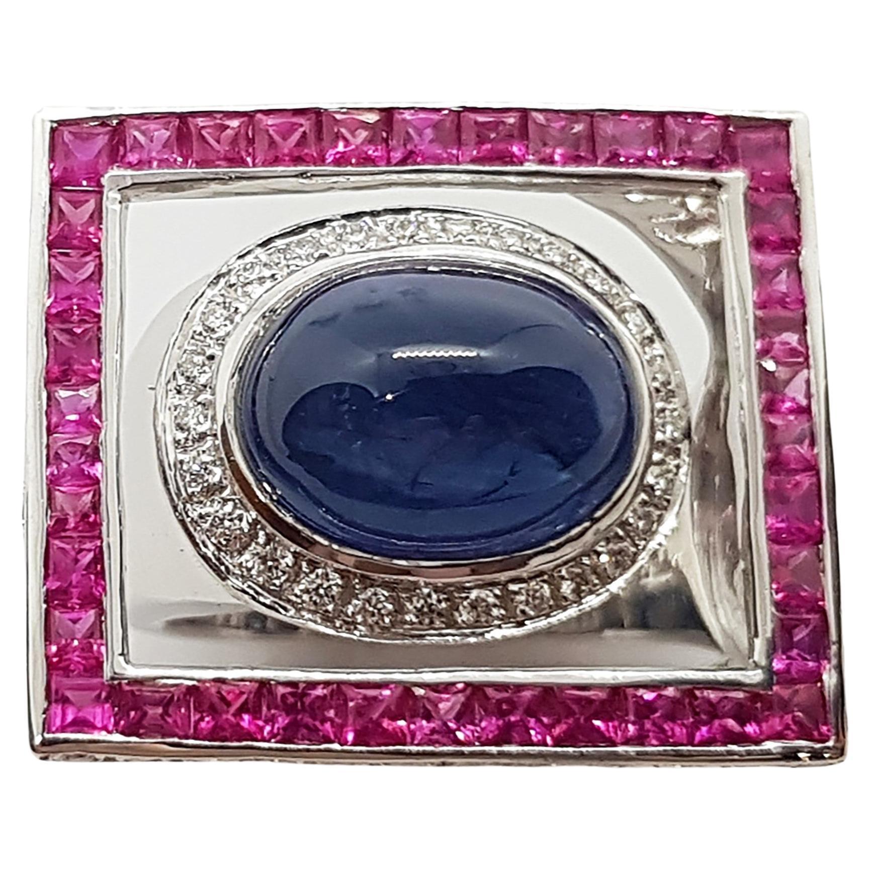 Cabochon Blue Sapphire with Ruby and Diamond Ring Set in 18 Karat White Gold