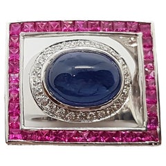 Cabochon Blue Sapphire with Ruby and Diamond Ring Set in 18 Karat White Gold