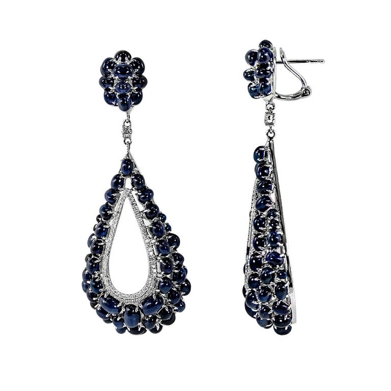 Cabochon Blue Sapphires Dangle Earrings with Accent Diamonds 18 Karat ...