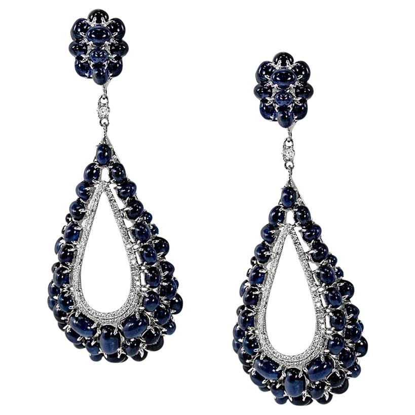 Cabochon Blue Sapphires Dangle Earrings with Accent Diamonds 18 Karat White Gold For Sale