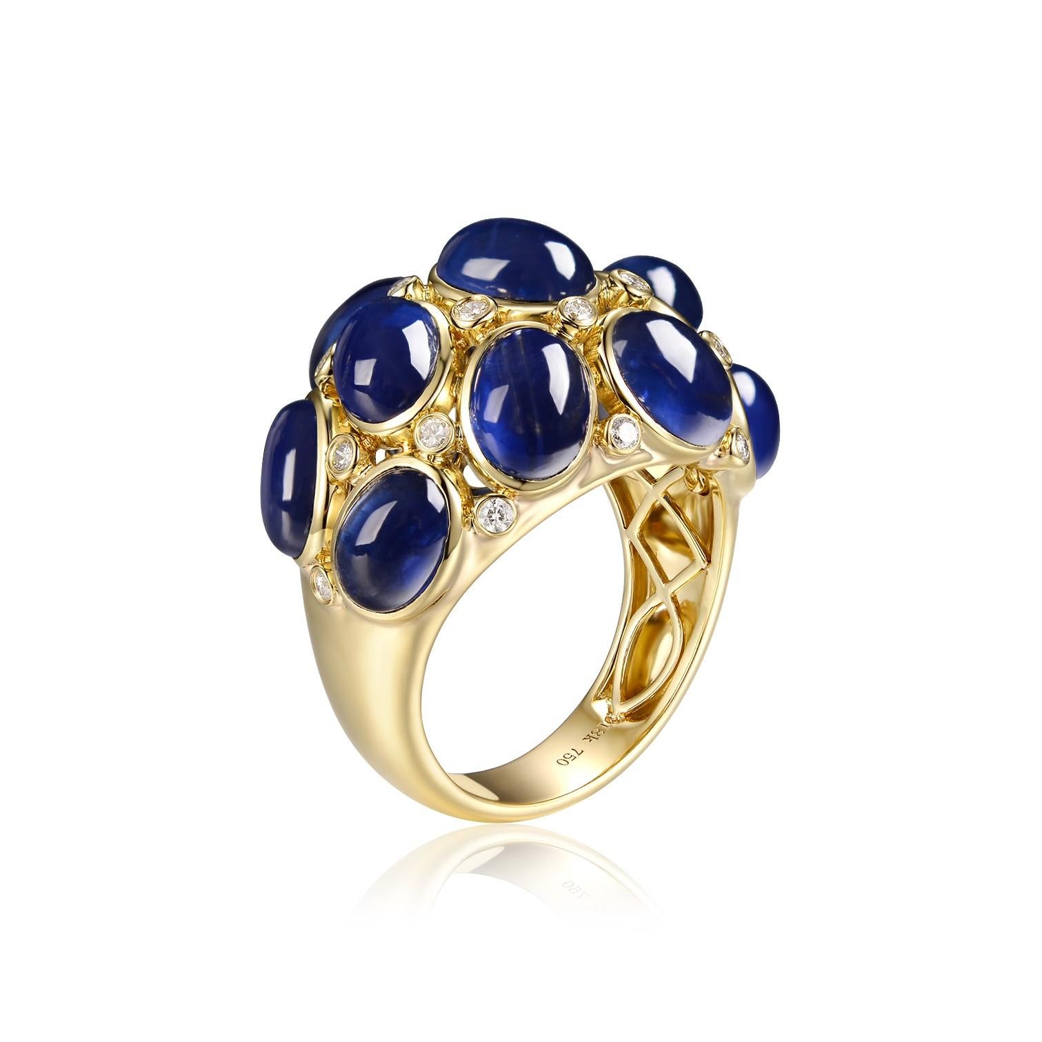 This ring is an elegant and classic piece, sure to make a lasting impression.

It features an 18 karat yellow gold dome that holds 11 blue sapphires in a cluster setting. The total weight of the blue sapphires is 15.22 carats, and each gem measures