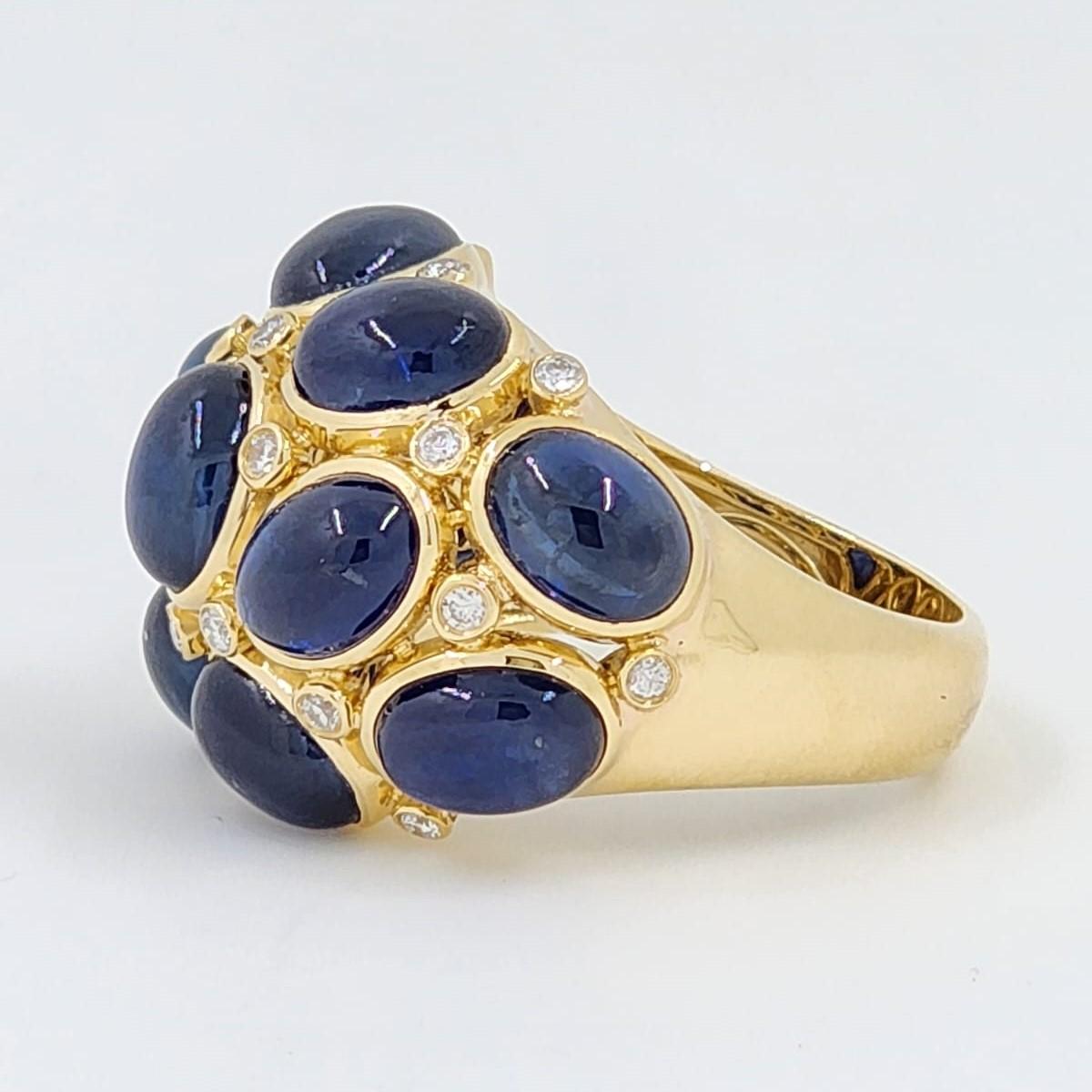 Cabochon Blue Sapphires Diamond Dome Ring in 18 Karat Yellow Gold In New Condition For Sale In Hong Kong, HK