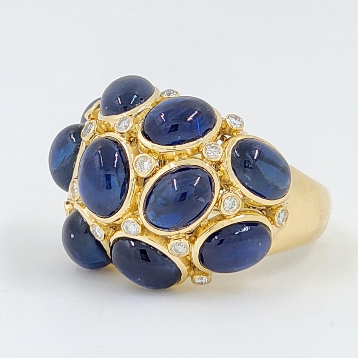 Women's Cabochon Blue Sapphires Diamond Dome Ring in 18 Karat Yellow Gold For Sale