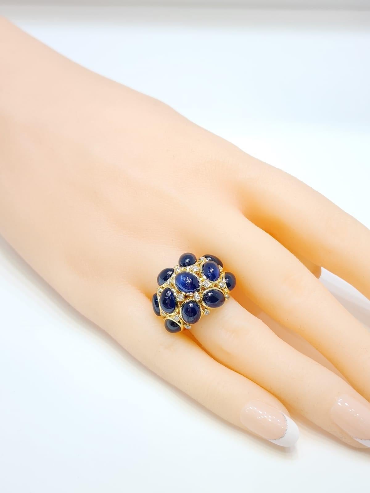 Cabochon Blue Sapphires Diamond Dome Ring in 18 Karat Yellow Gold For Sale 1
