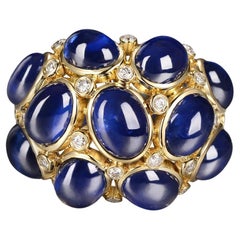 Cabochon Blue Sapphires Diamond Dome Ring in 18 Karat Yellow Gold