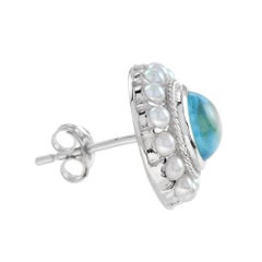Cabochon Blue Topaz and Pearl Halo Stud Earrings in 9K White Gold