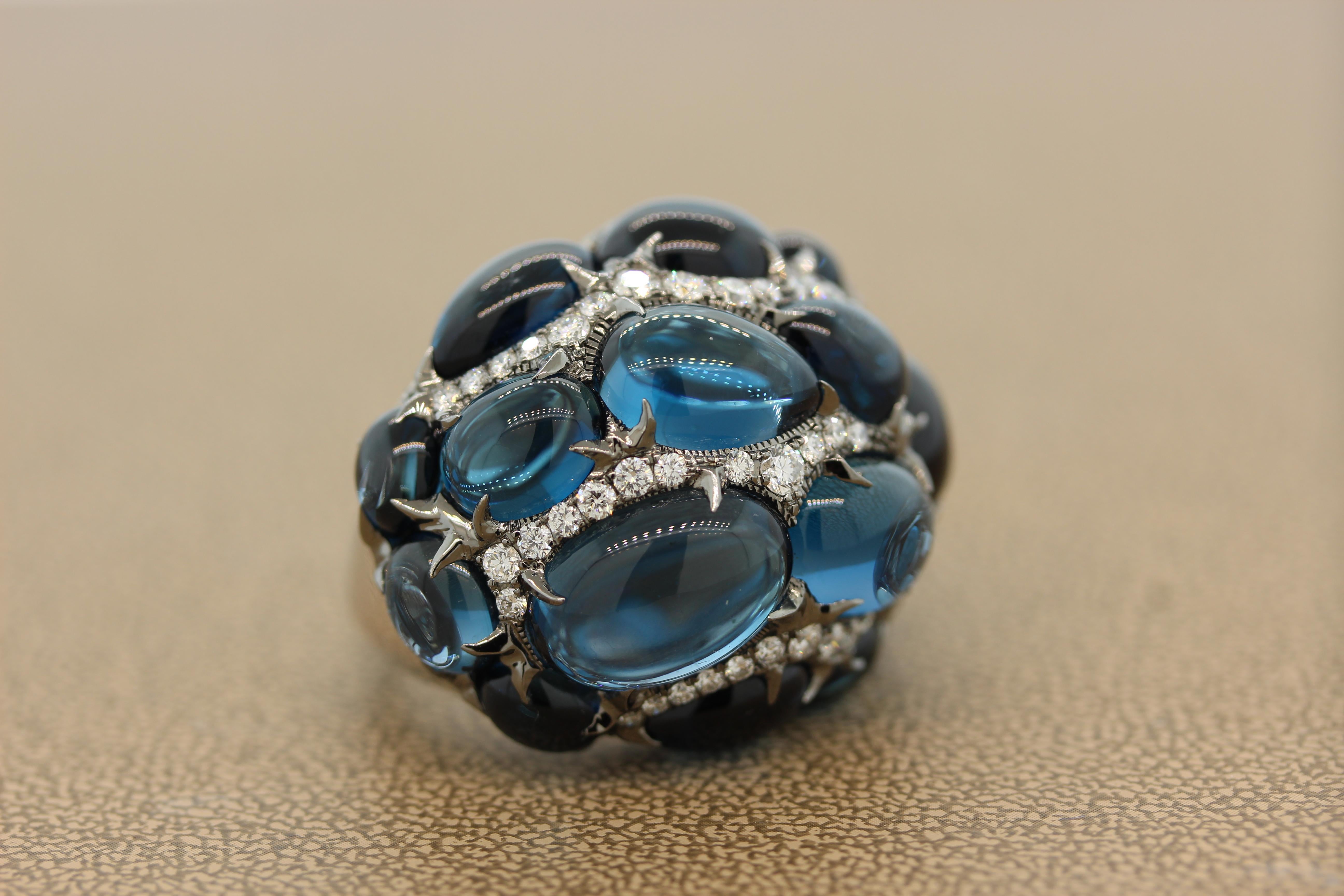 Contemporary Cabochon Blue Topaz Diamond Gold Cocktail Ring For Sale