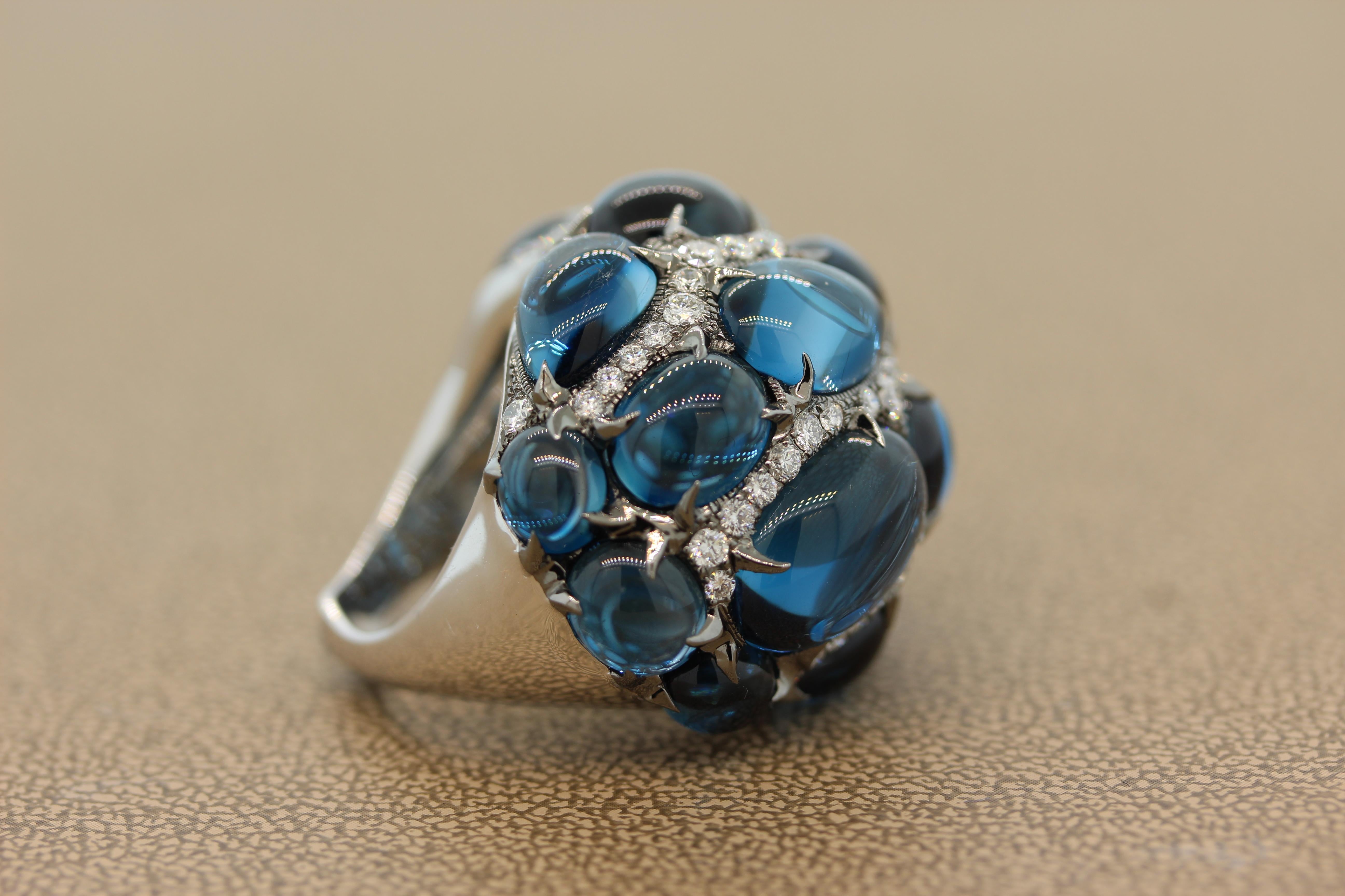 Round Cut Cabochon Blue Topaz Diamond Gold Cocktail Ring For Sale