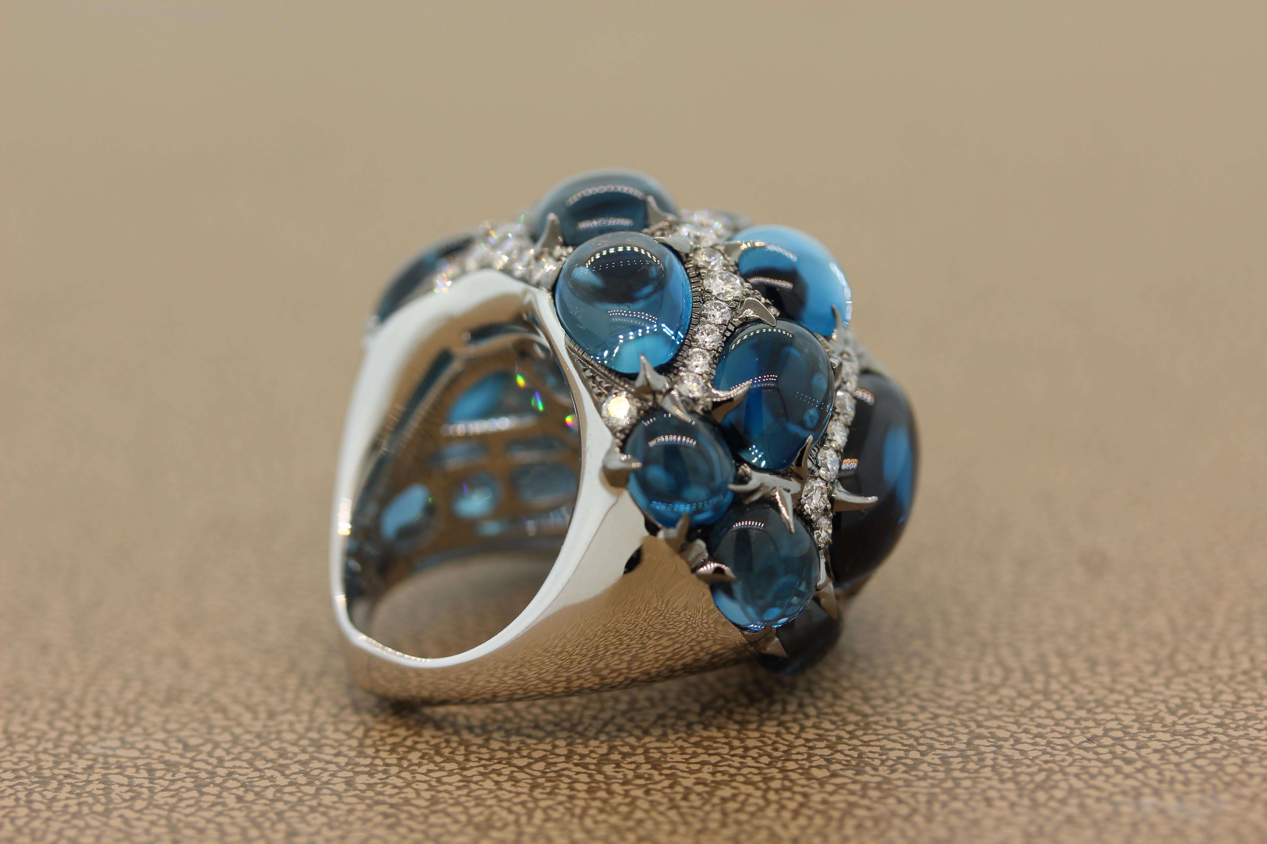 Cabochon Blue Topaz Diamond Gold Cocktail Ring In New Condition For Sale In Beverly Hills, CA