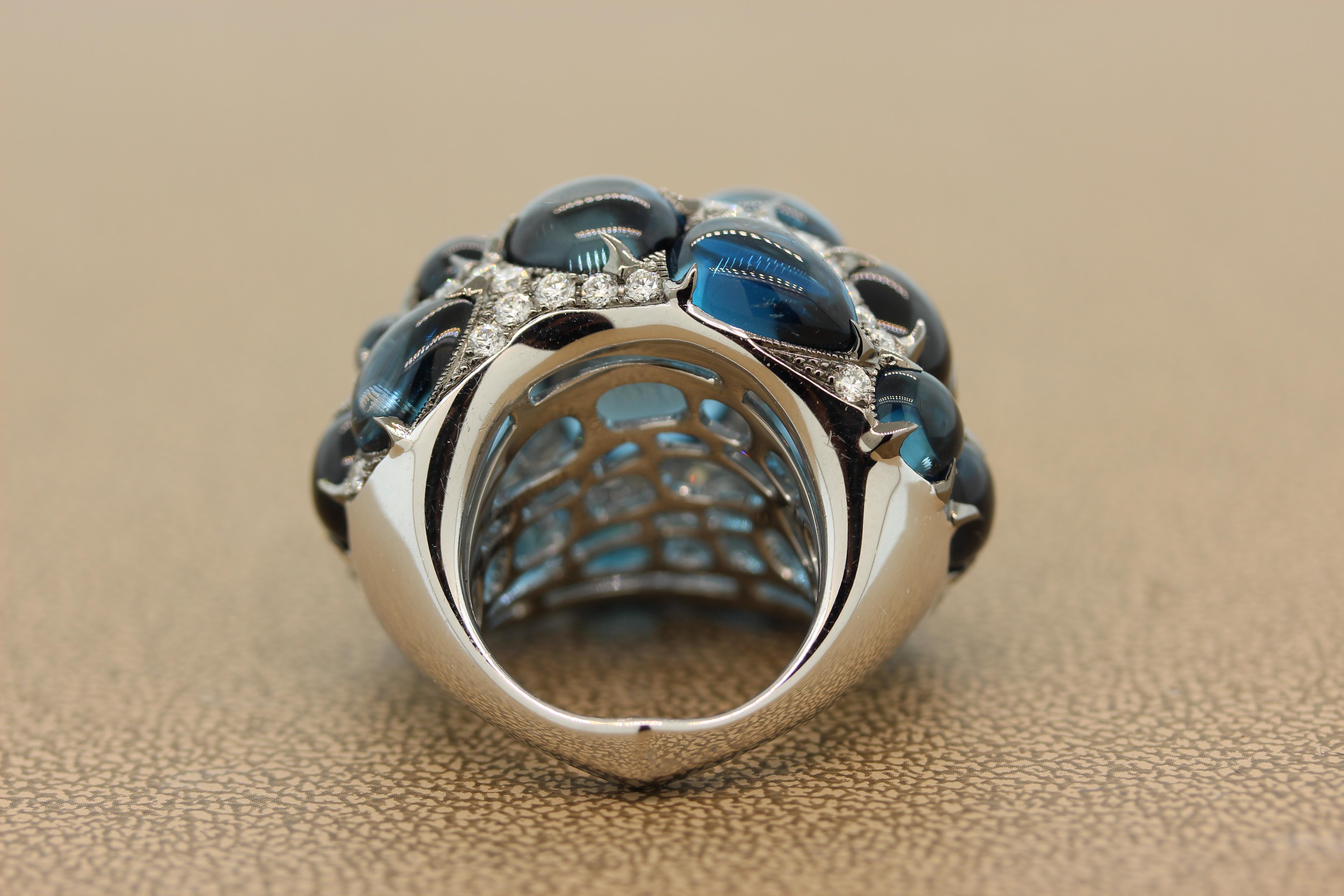 Women's Cabochon Blue Topaz Diamond Gold Cocktail Ring For Sale