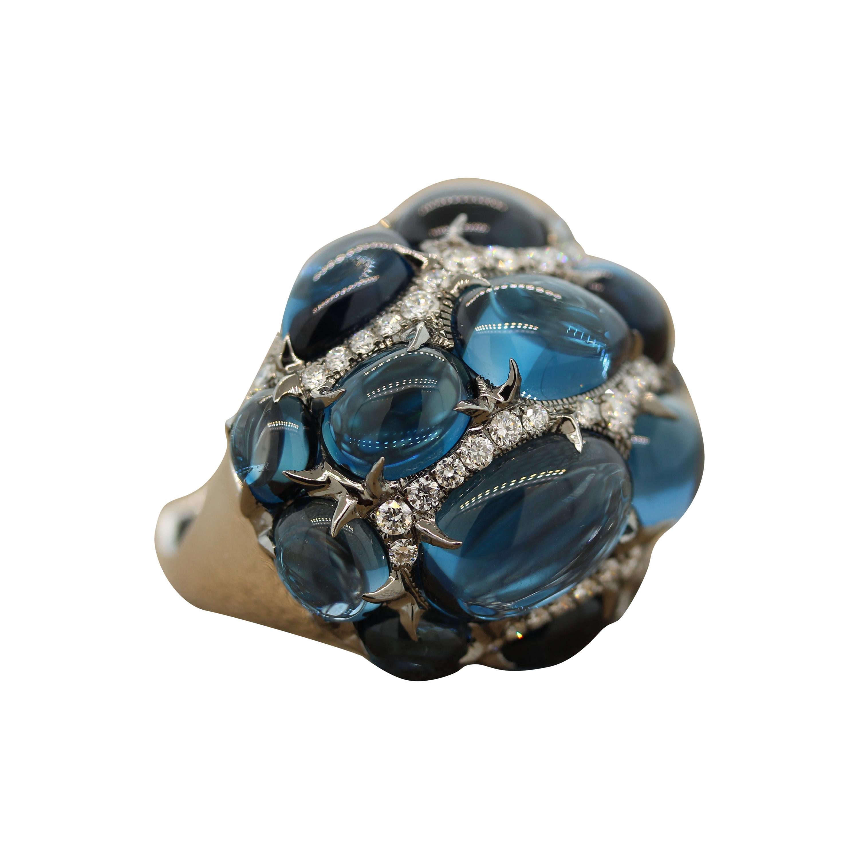Cabochon Blue Topaz Diamond Gold Cocktail Ring For Sale