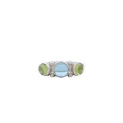 Cabochon Blue Topaz Peridot Silver 3-stone Cocktail Ring, Lynn Kathyrn Miller