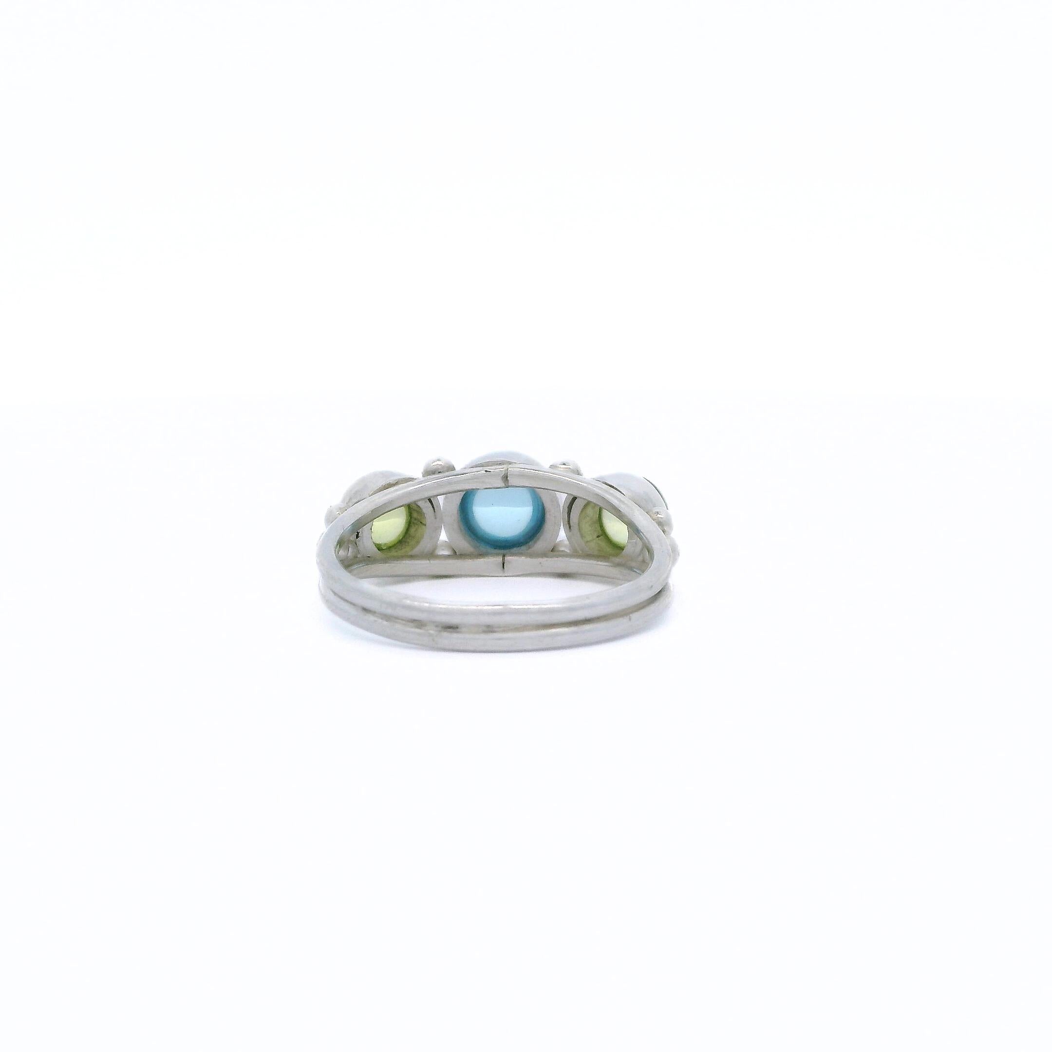 Cabochon Blue Topaz Peridot Silver 3-stone Cocktail Ring, Lynn Kathyrn Miller For Sale 1