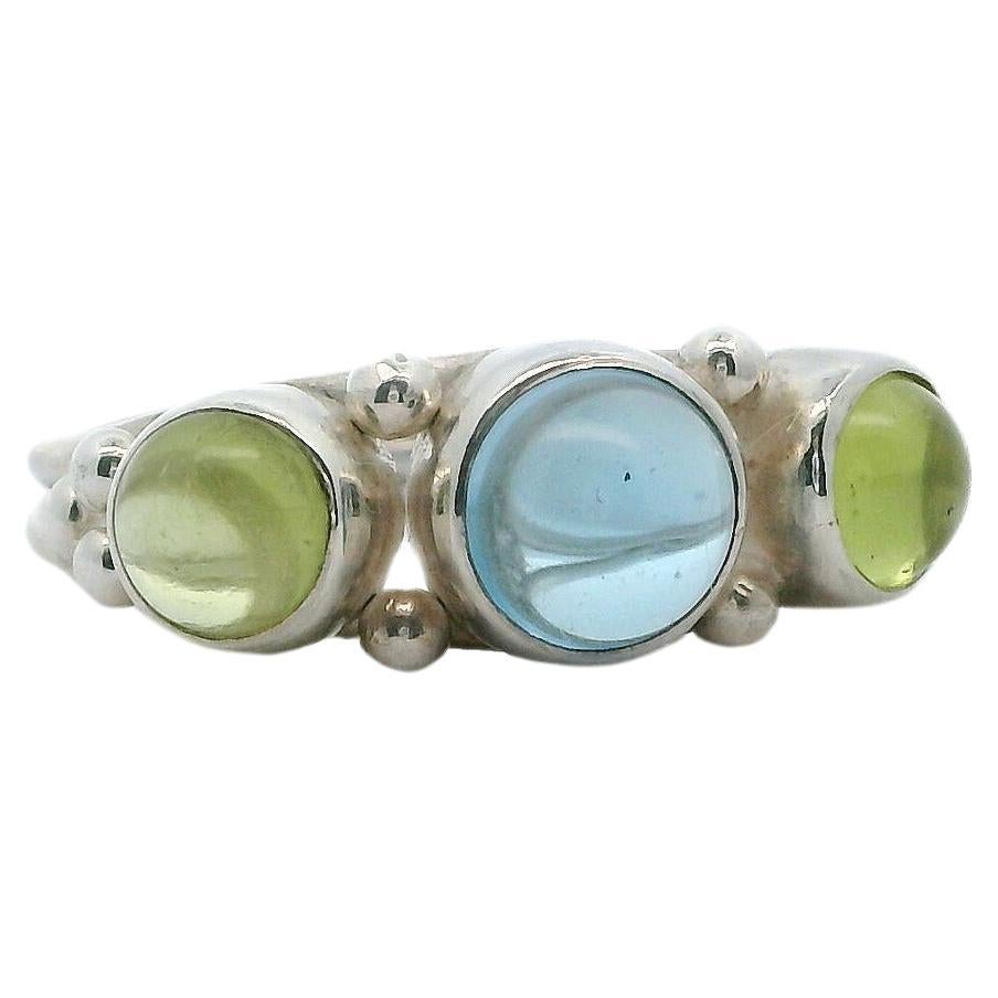 Cabochon Blue Topaz Peridot Silver 3-stone Cocktail Ring, Lynn Kathyrn Miller For Sale