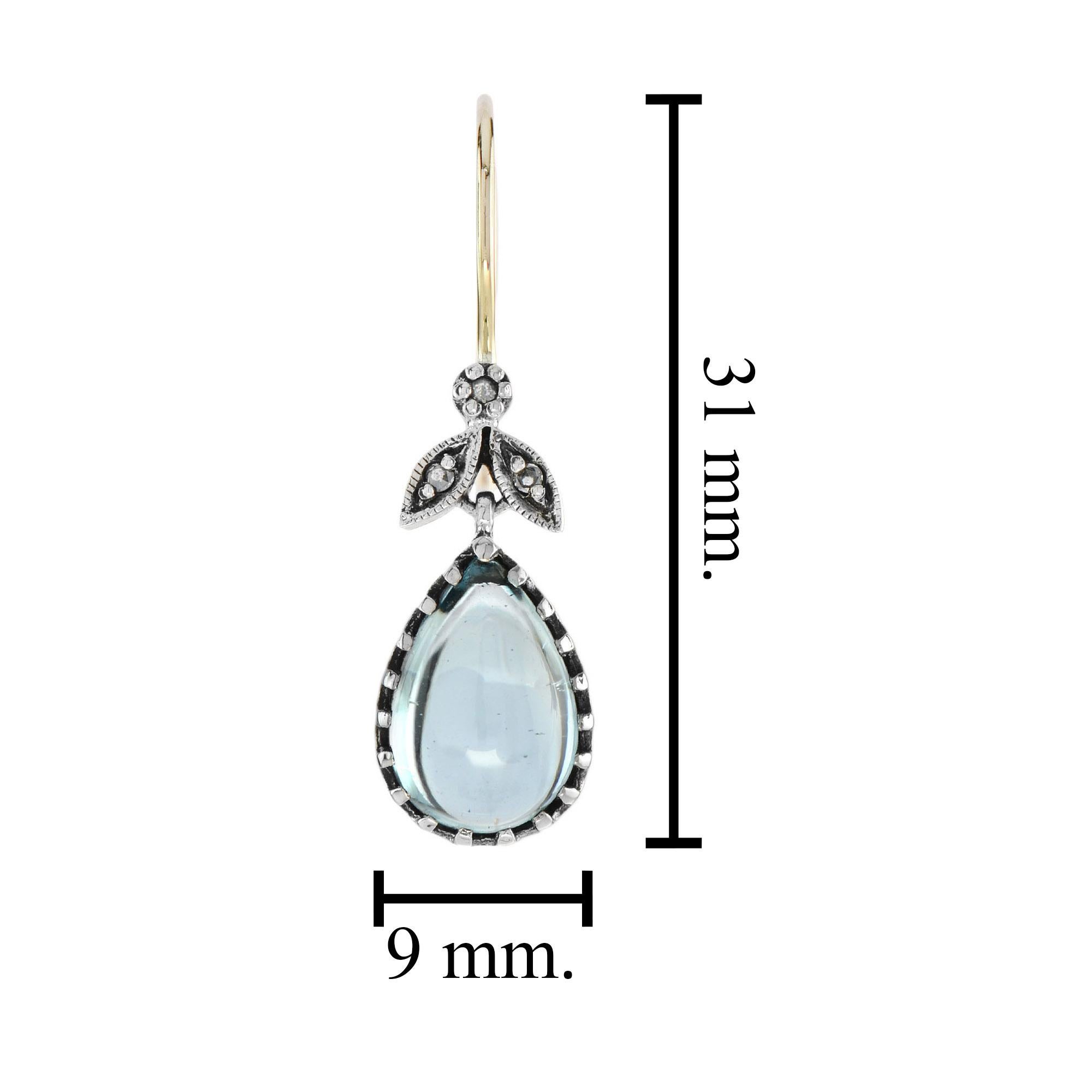 Cabochon Blue Topaz Rose Cut Diamond Vintage Style Ohrringe in 9K Gold baumeln (Tropfenschliff) im Angebot