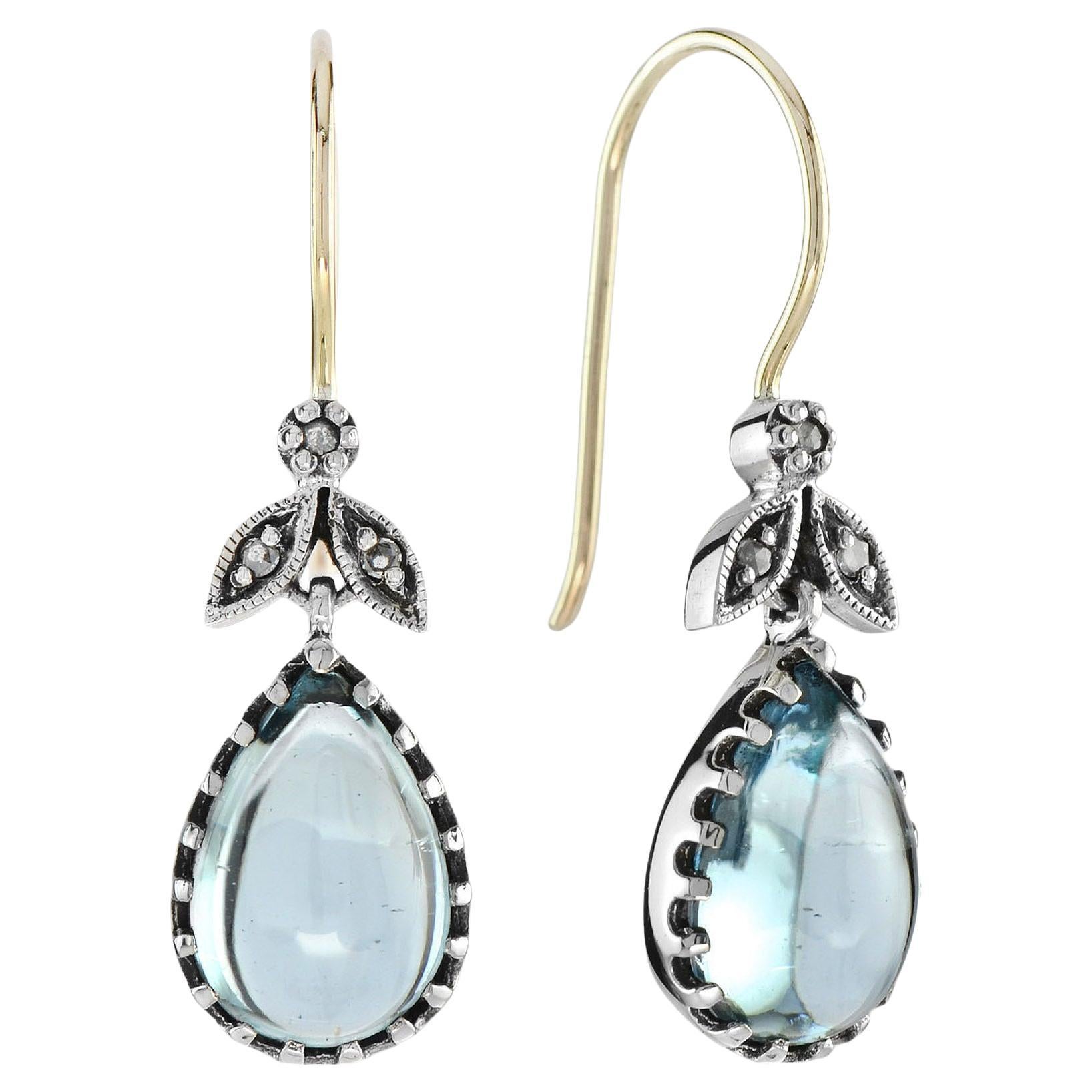Cabochon Blue Topaz Rose Cut Diamond Vintage Style Dangle Earrings in 9K Gold