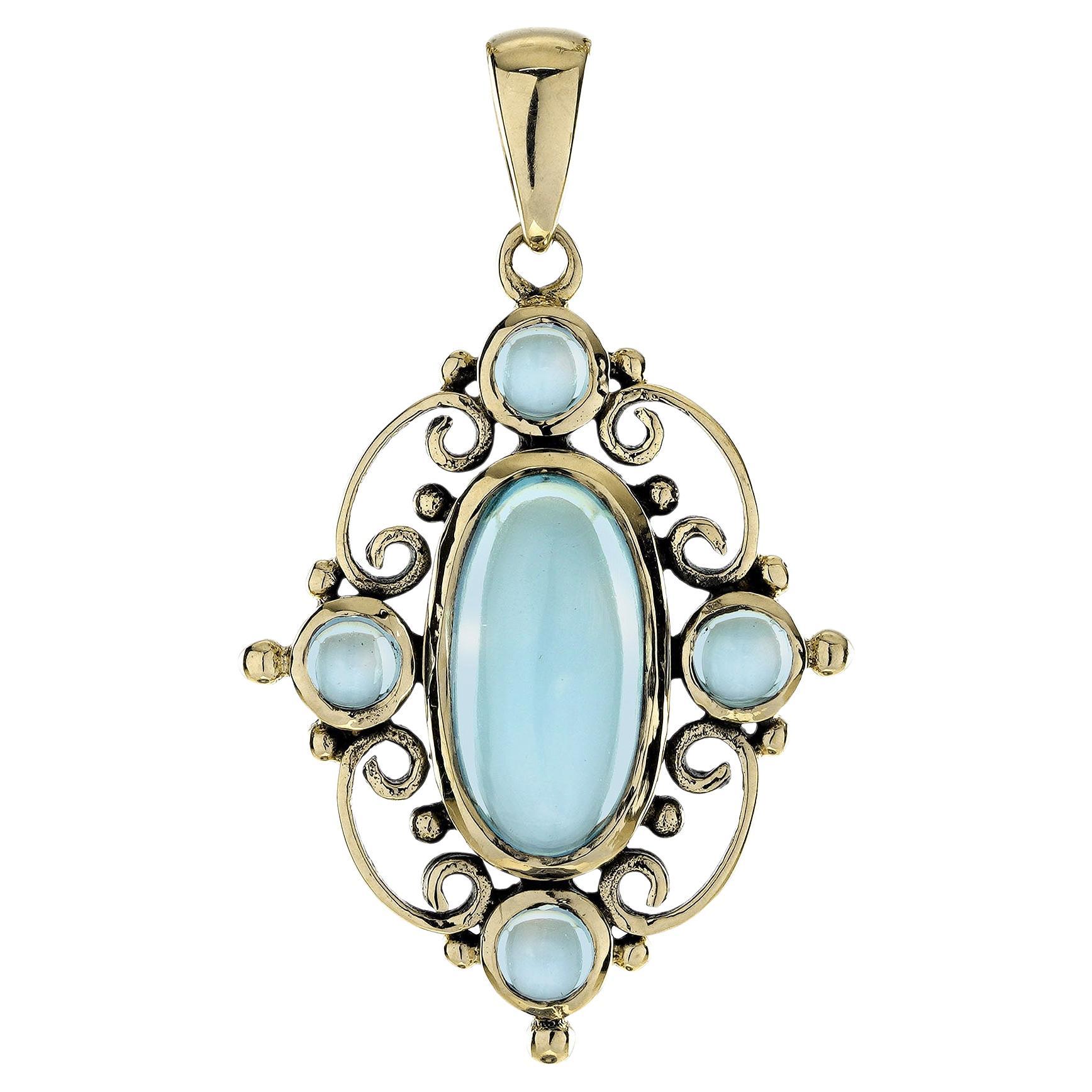 Cabochon Blue Topaz Vintage Victorian Style Oval Pendant in 9K Gold