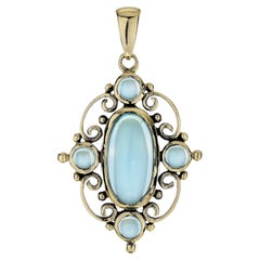 Cabochon Blue Topaz Vintage Victorian Style Oval Pendant in 9K Gold
