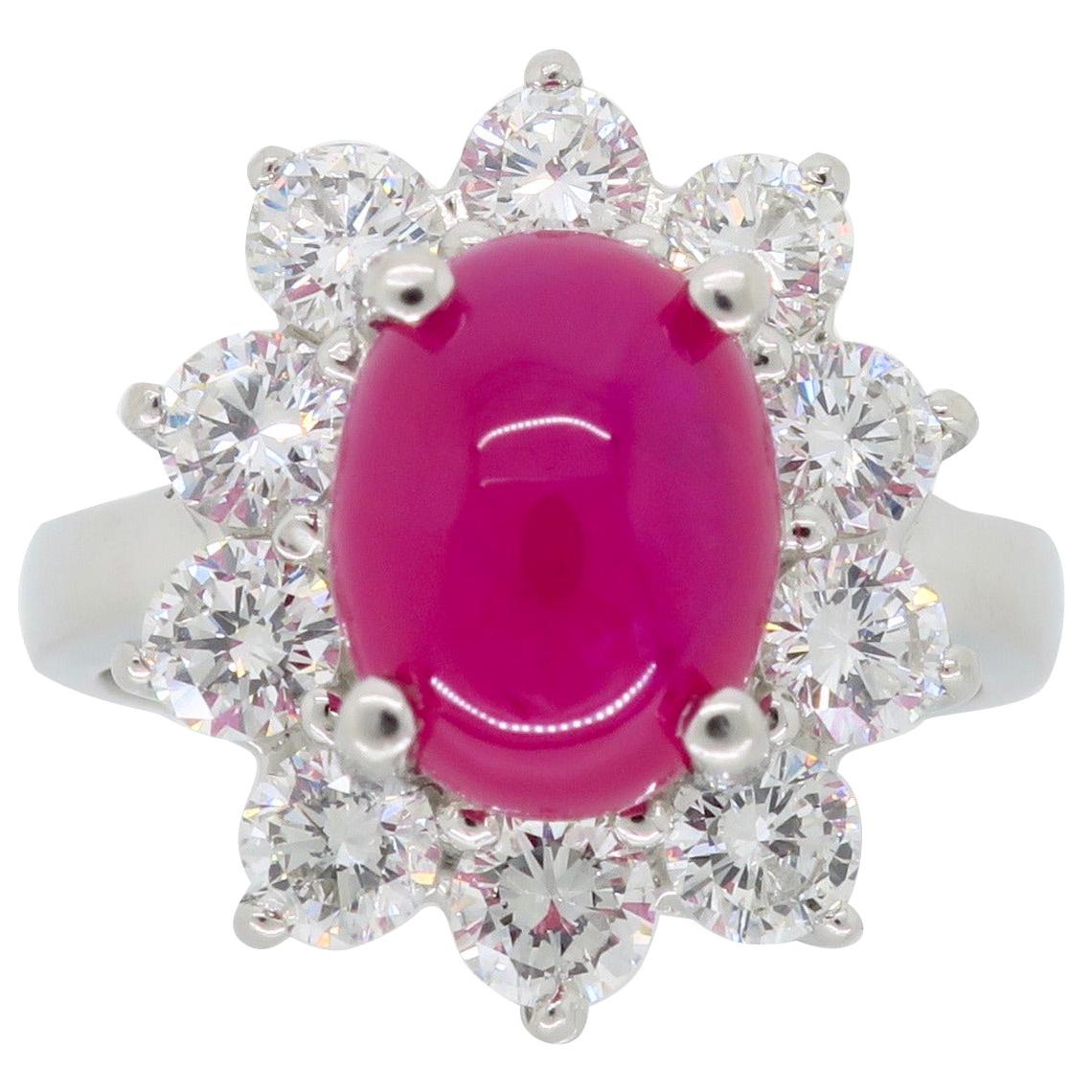Cabochon Burma Ruby and Diamond Halo Ring in Platinum