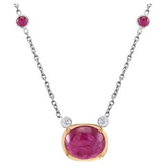 Cabochon Burma Ruby and Diamonds Drop White and Yellow Gold Necklace Pendant 