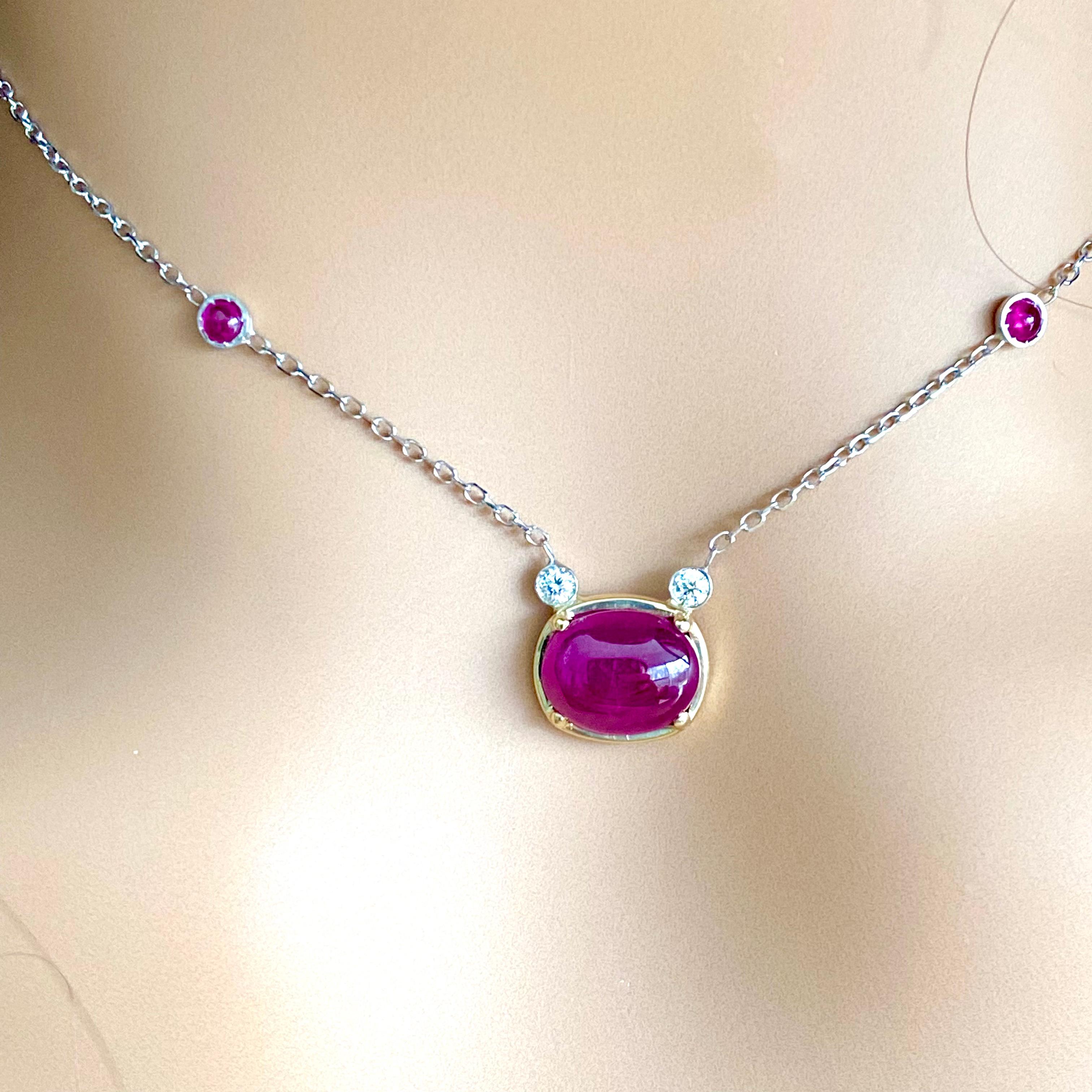 Cabochon Burma Ruby 3.54 Carat Diamonds 0.10 Carat Gold 16 Inch Necklace Pendant For Sale 3