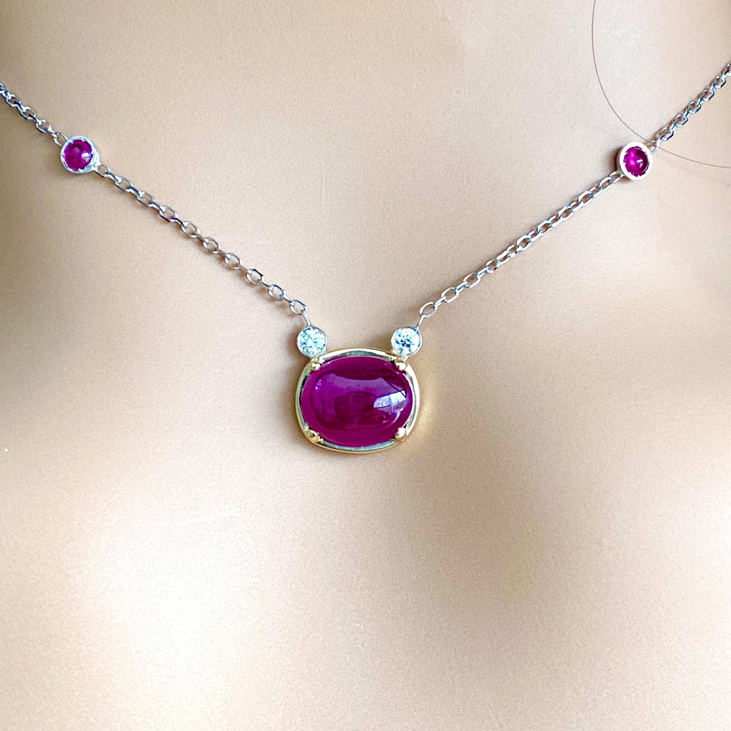 Oval Cut Cabochon Burma Ruby 3.54 Carat Diamonds 0.10 Carat Gold 16 Inch Necklace Pendant For Sale