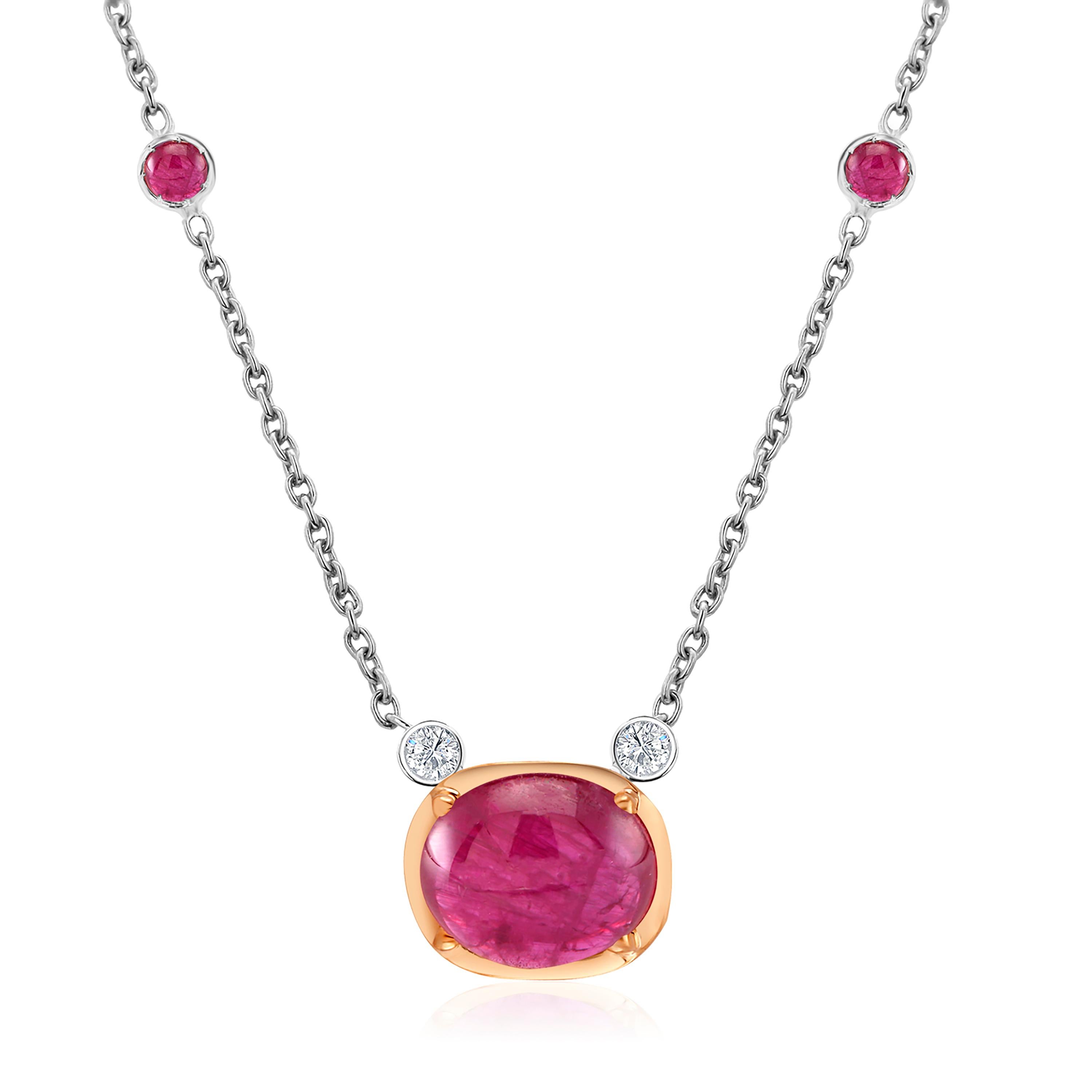 Cabochon Burma Ruby 3.54 Carat Diamonds 0.10 Carat Gold 16 Inch Necklace Pendant In New Condition For Sale In New York, NY