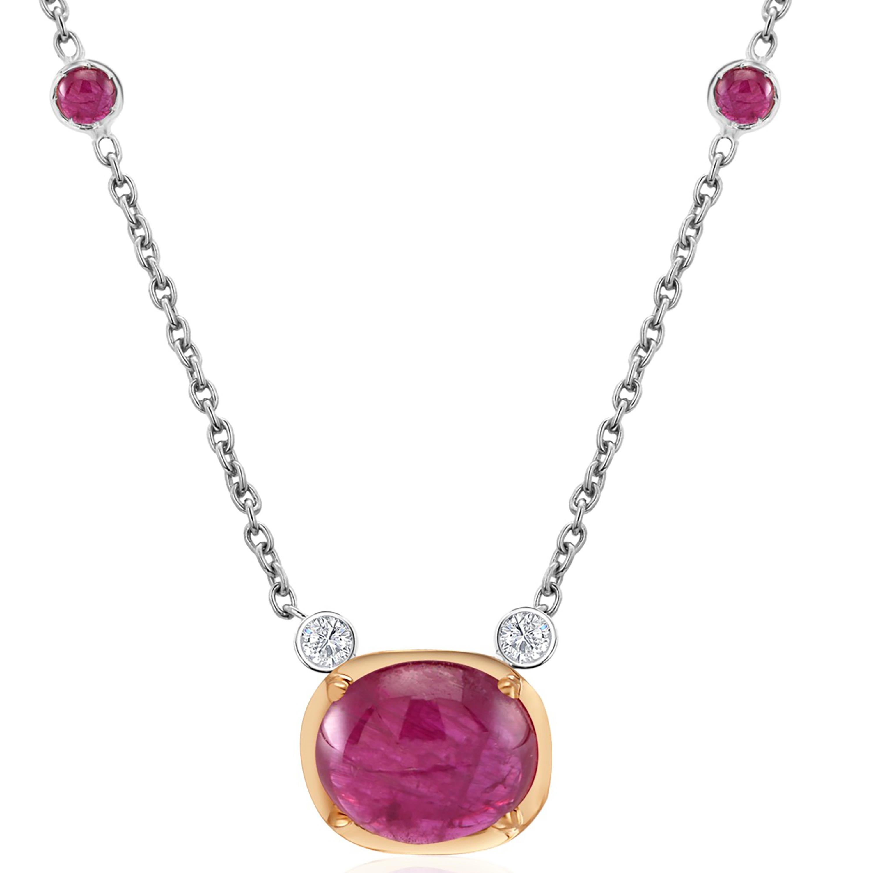 Cabochon Burma Ruby 3.54 Carat Diamonds 0.10 Carat Gold 16 Inch Necklace Pendant For Sale 2