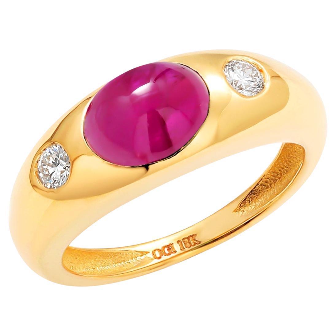 Cabochon Burma Ruby Diamond 2.30 Carat 18 Karat Yellow Gold 3 Stone Ring For Sale