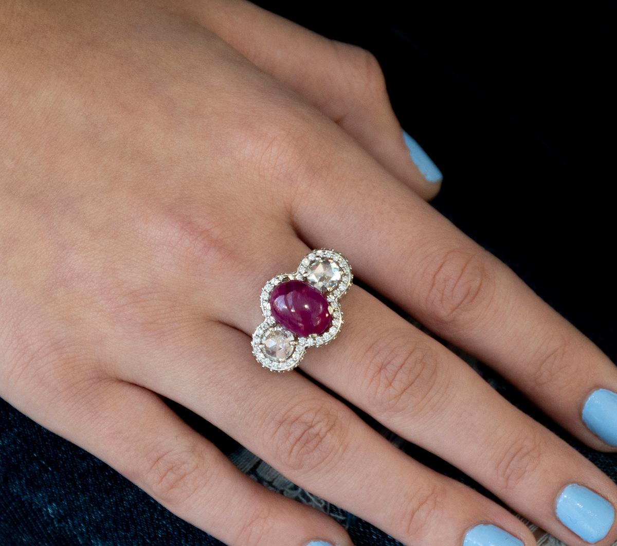 Contemporary Cabochon Burma Ruby Diamond White Gold Cocktail Ring Weighing 8.85 Carat