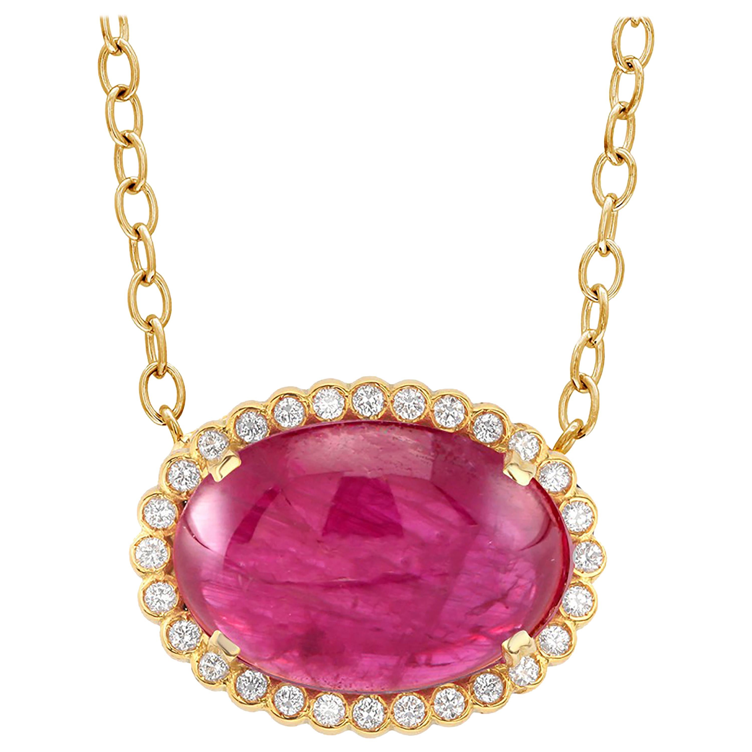 Cabochon Burma Ruby Diamond Gold Drop Necklace Pendant Weighing 21.86 Carat