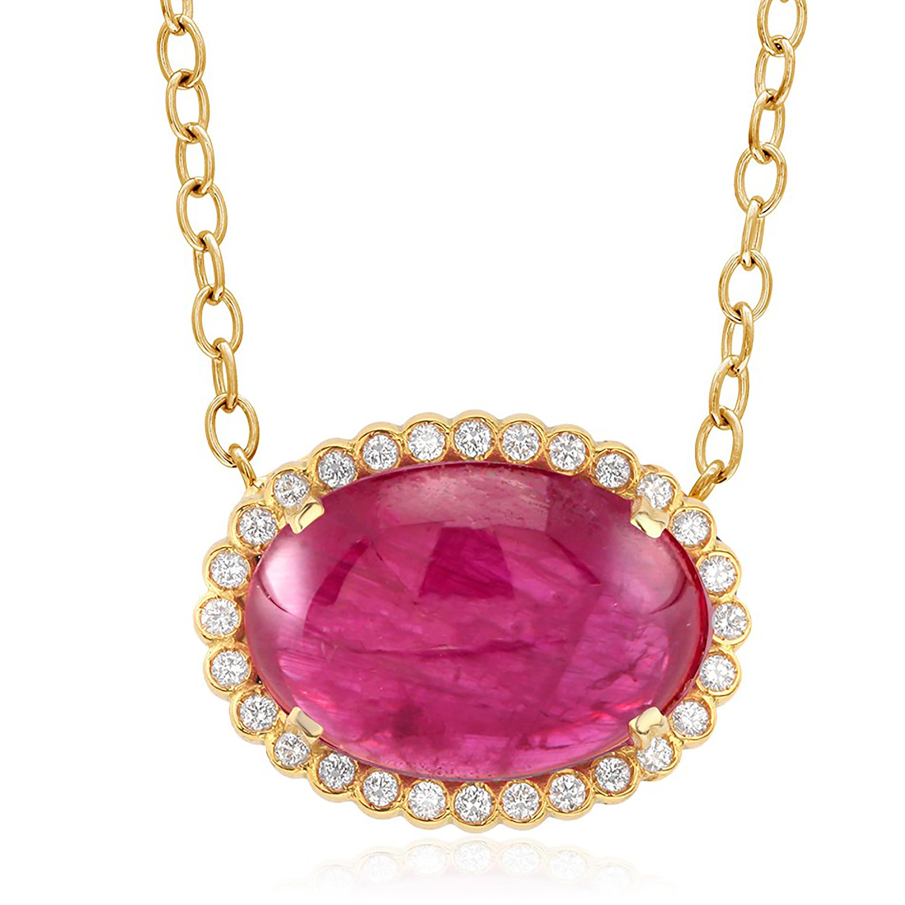 Oval Cut Cabochon Burma Ruby Diamond Gold Drop Necklace Pendant Weighing 21.86 Carat