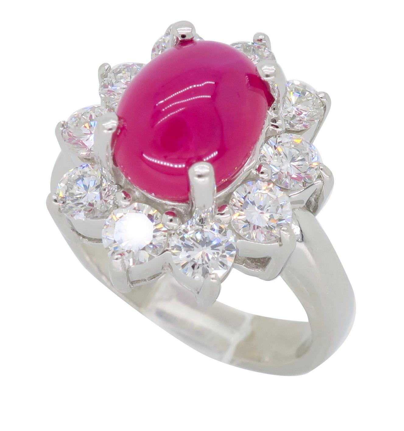 Cabochon Burma Ruby and Diamond Halo Ring in Platinum 5