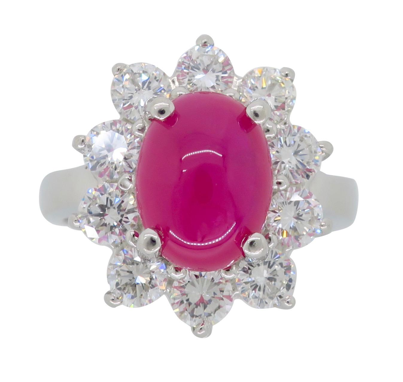 Cabochon Burma Ruby and Diamond Halo Ring in Platinum 6