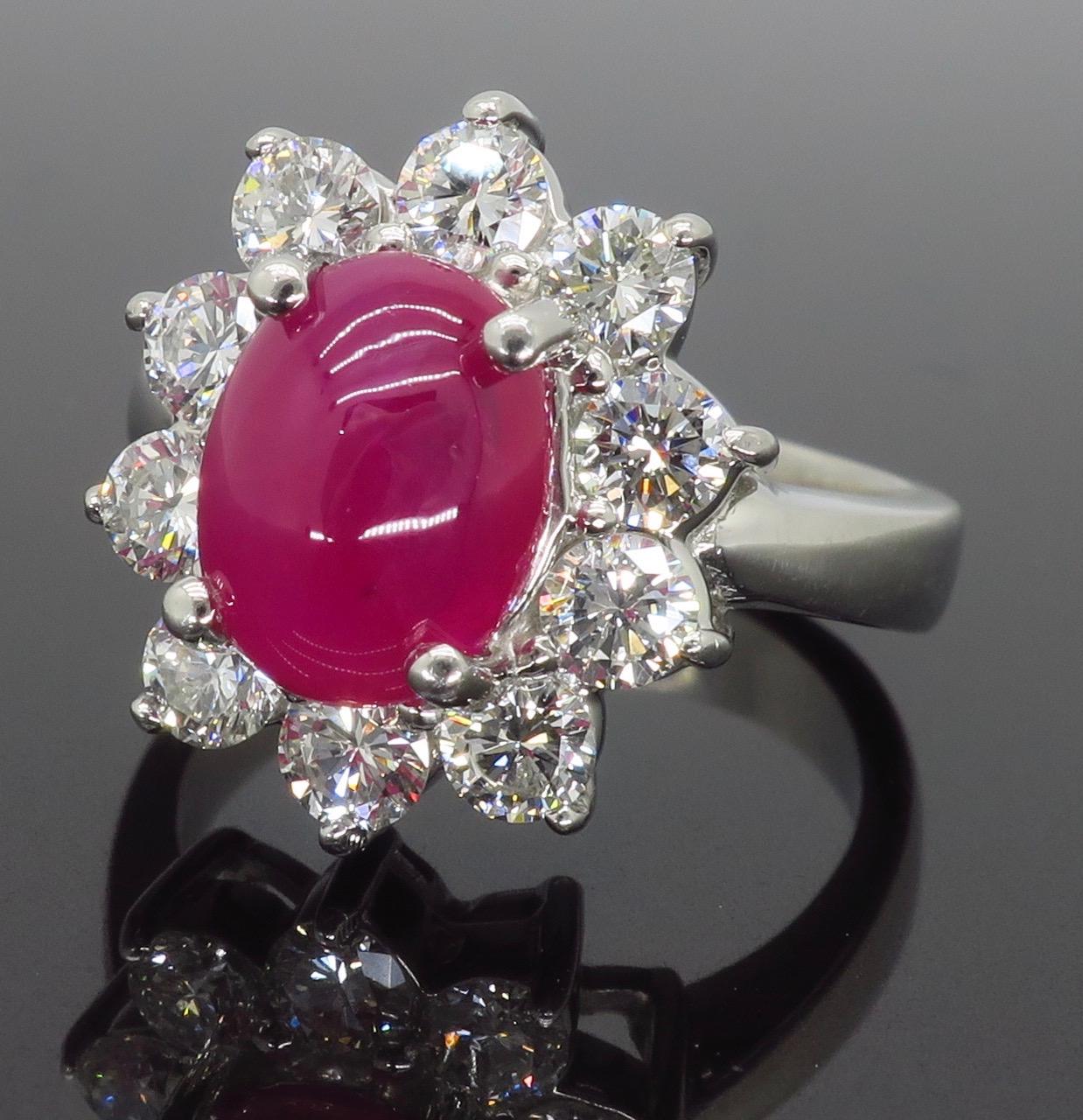 Cabochon Burma Ruby and Diamond Halo Ring in Platinum In New Condition In Webster, NY