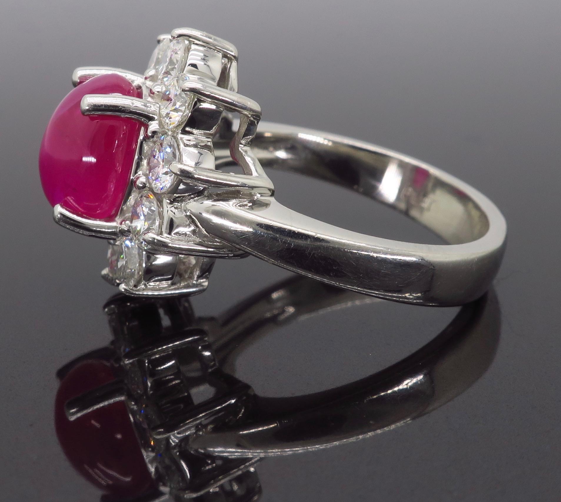 Women's Cabochon Burma Ruby and Diamond Halo Ring in Platinum