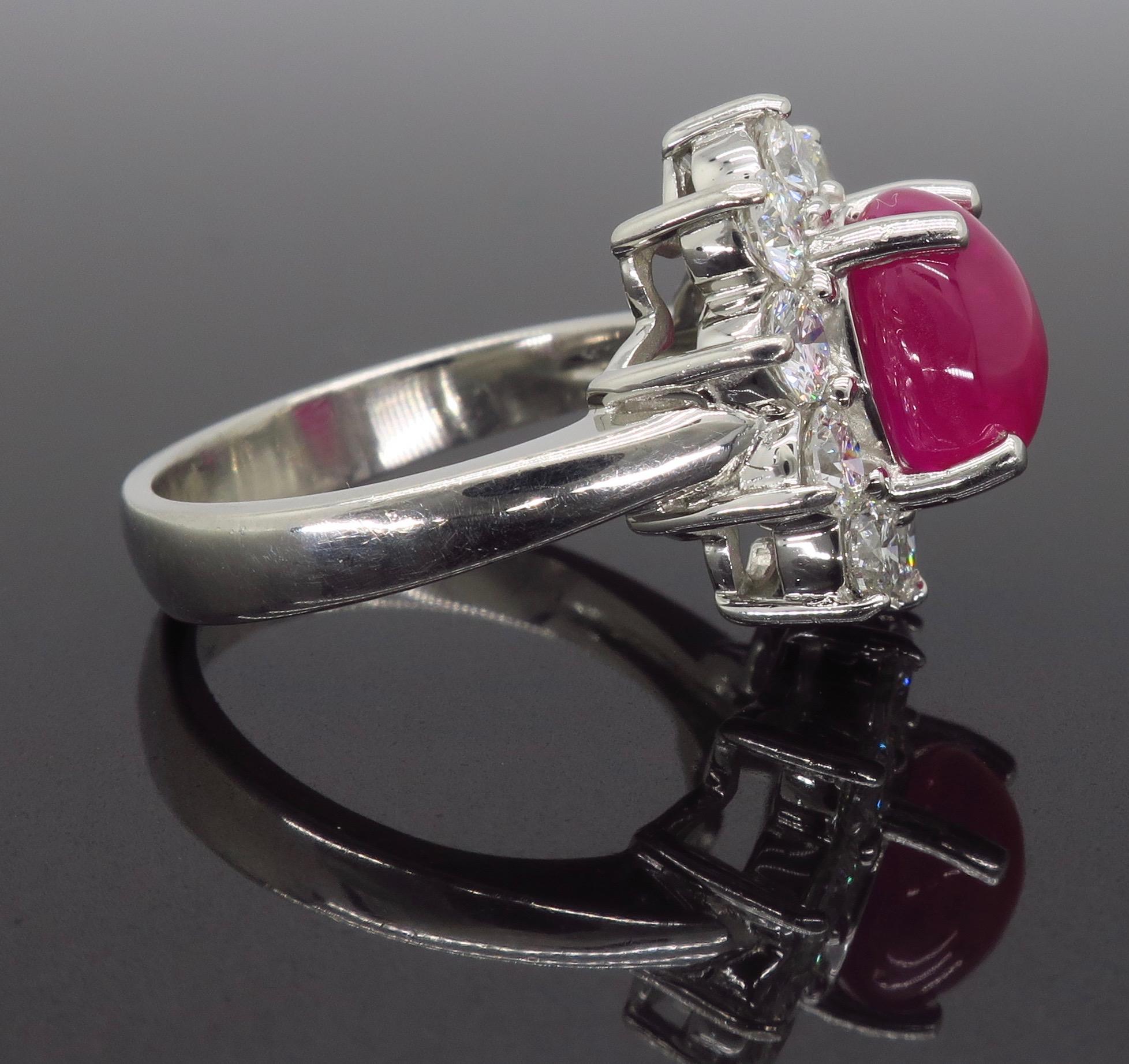 Cabochon Burma Ruby and Diamond Halo Ring in Platinum 2