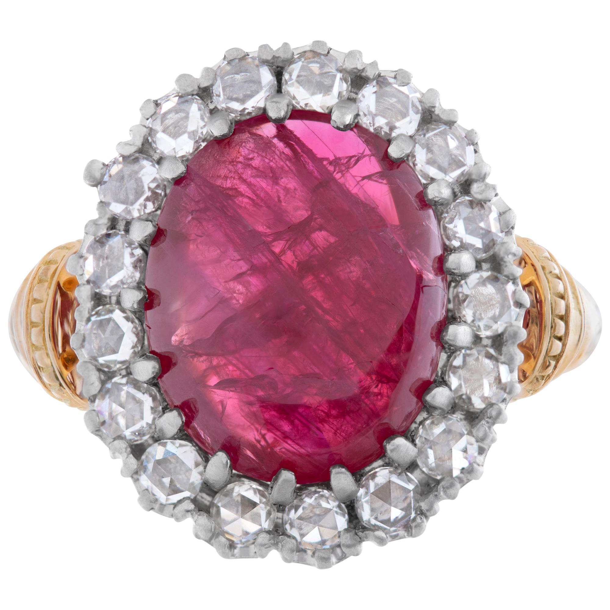 GIA certified Cabochon Burma no heat Ruby ring with rose cut diamond halo set in 18k yellow gold. Ruby is 6.21 cts and 1.40 carats diamonds G-H color, VS clarity. Size 6This Ruby ring is currently size 6 and some items can be sized up or down,