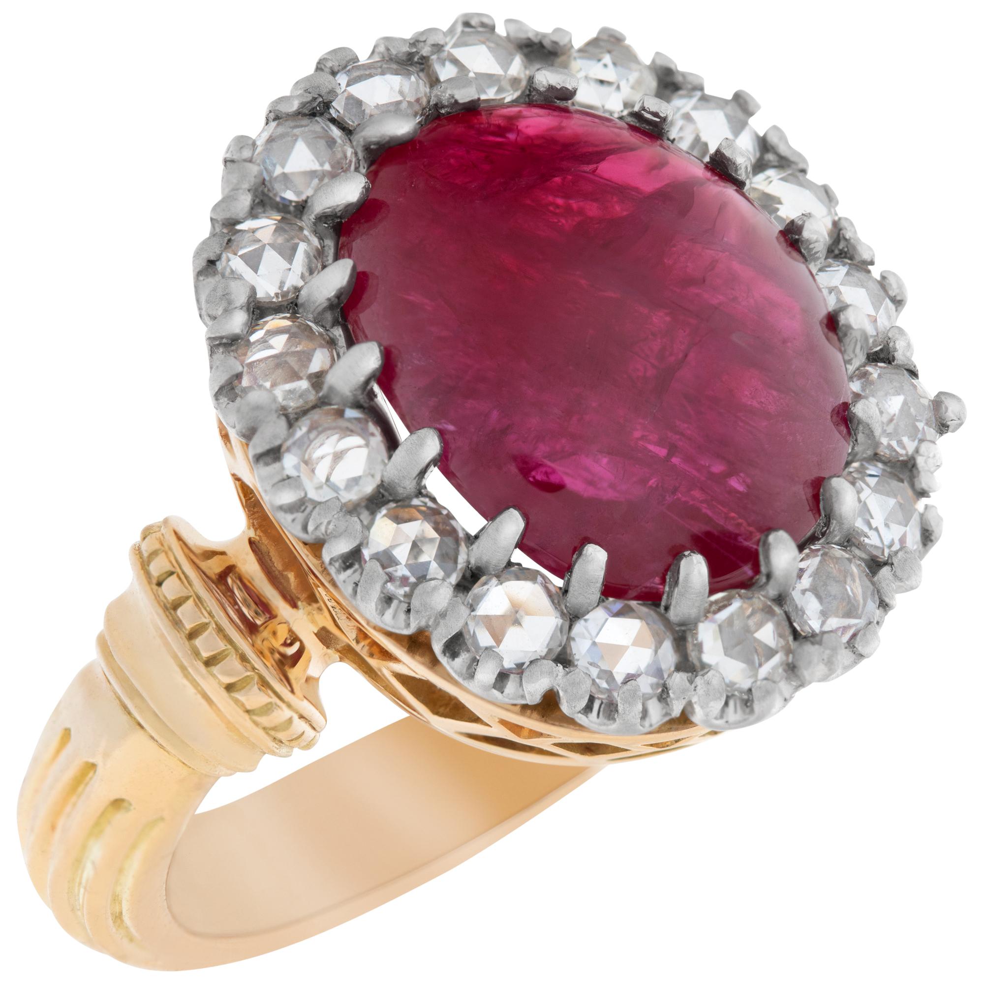 Rose Cut Cabochon Burma Ruby with Diamond Halo Ring Set in 18k Yellow Gold