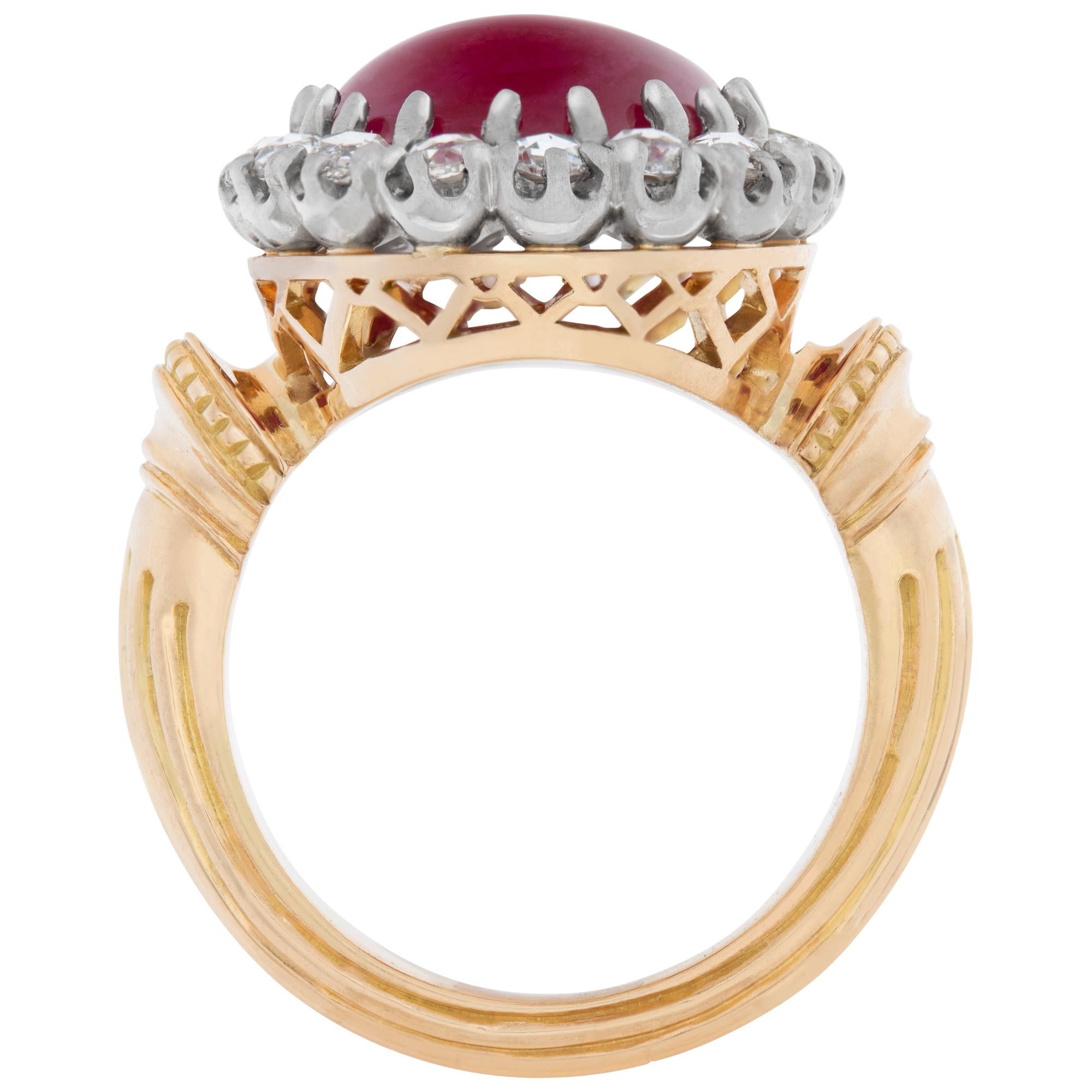 Cabochon Burma Ruby with Diamond Halo Ring Set in 18k Yellow Gold In Excellent Condition In Surfside, FL