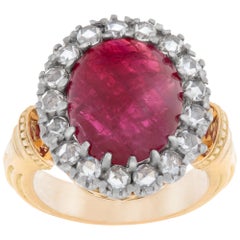 Vintage Cabochon Burma Ruby with Diamond Halo Ring Set in 18k Yellow Gold