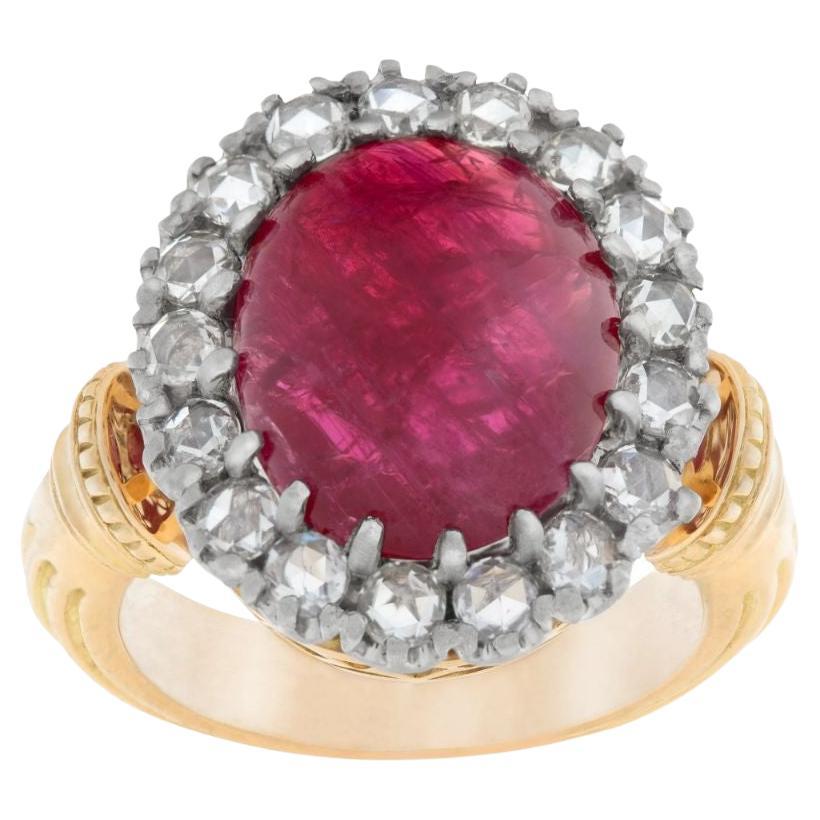Cabochon Burma Ruby with Diamond Halo Ring Set in 18k Yellow Gold